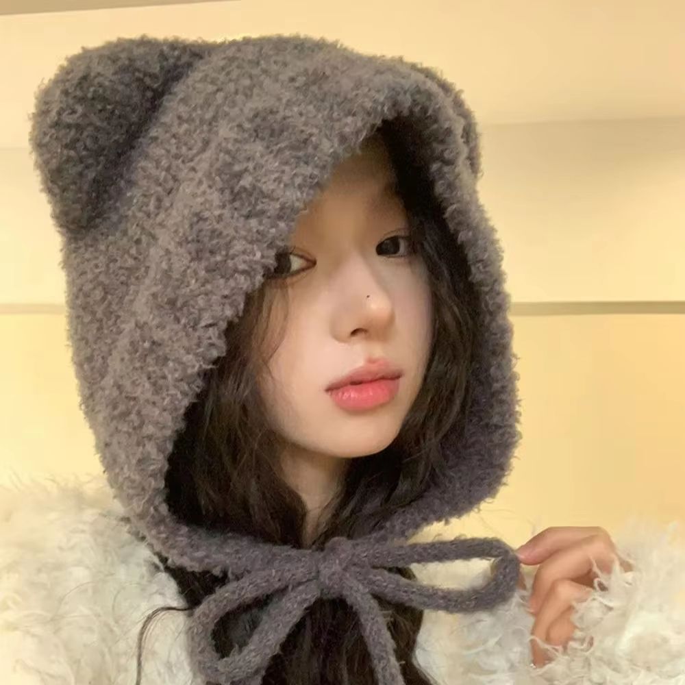 Womens Cute Bear Ear Knitted Winter Beanie Hat 1