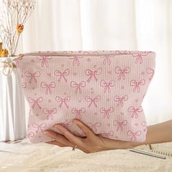 pink bowknot cosmetic bag corduroy zipper makeup organizer lightweight portable cosmetic storage bag for women travel ha