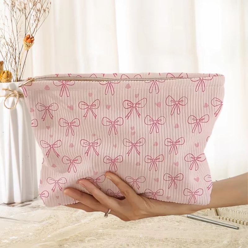 Pink Bowknot Cosmetic Bag Corduroy Zipper Makeup Organizer Lightweight Portable Cosmetic Storage Ba 0