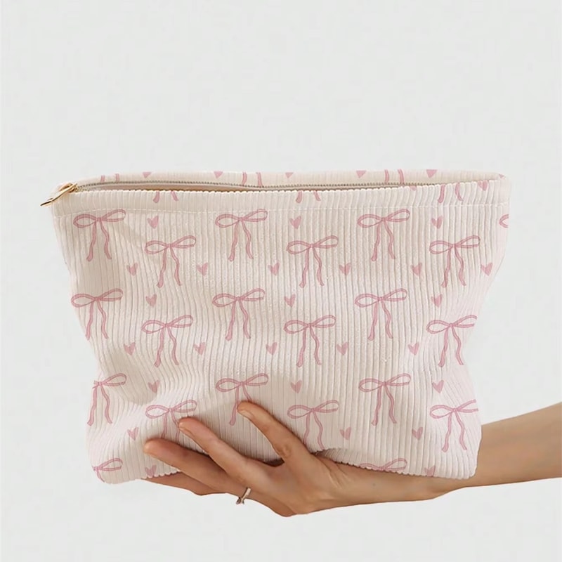 Pink Bowknot Cosmetic Bag Corduroy Zipper Makeup Organizer Lightweight Portable Cosmetic Storage Ba 1