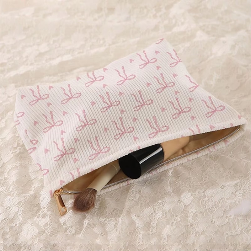 Pink Bowknot Cosmetic Bag Corduroy Zipper Makeup Organizer Lightweight Portable Cosmetic Storage Ba 3