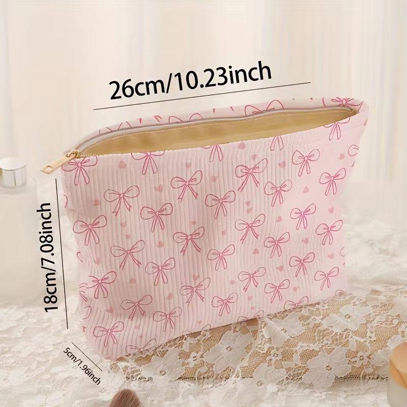 Pink Bowknot Cosmetic Bag Corduroy Zipper Makeup Organizer Lightweight Portable Cosmetic Storage Ba 4