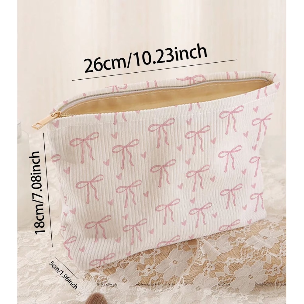 Pink Bowknot Cosmetic Bag Corduroy Zipper Makeup Organizer Lightweight Portable Cosmetic Storage Ba 5