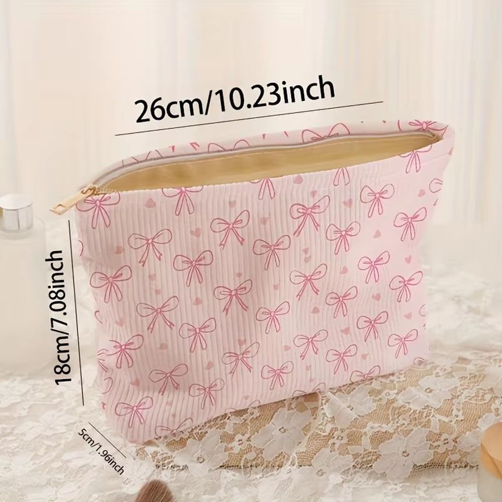 Pink Bowknot Cosmetic Bag Corduroy Zipper Makeup Organizer Lightweight Portable Cosmetic Storage Ba 7