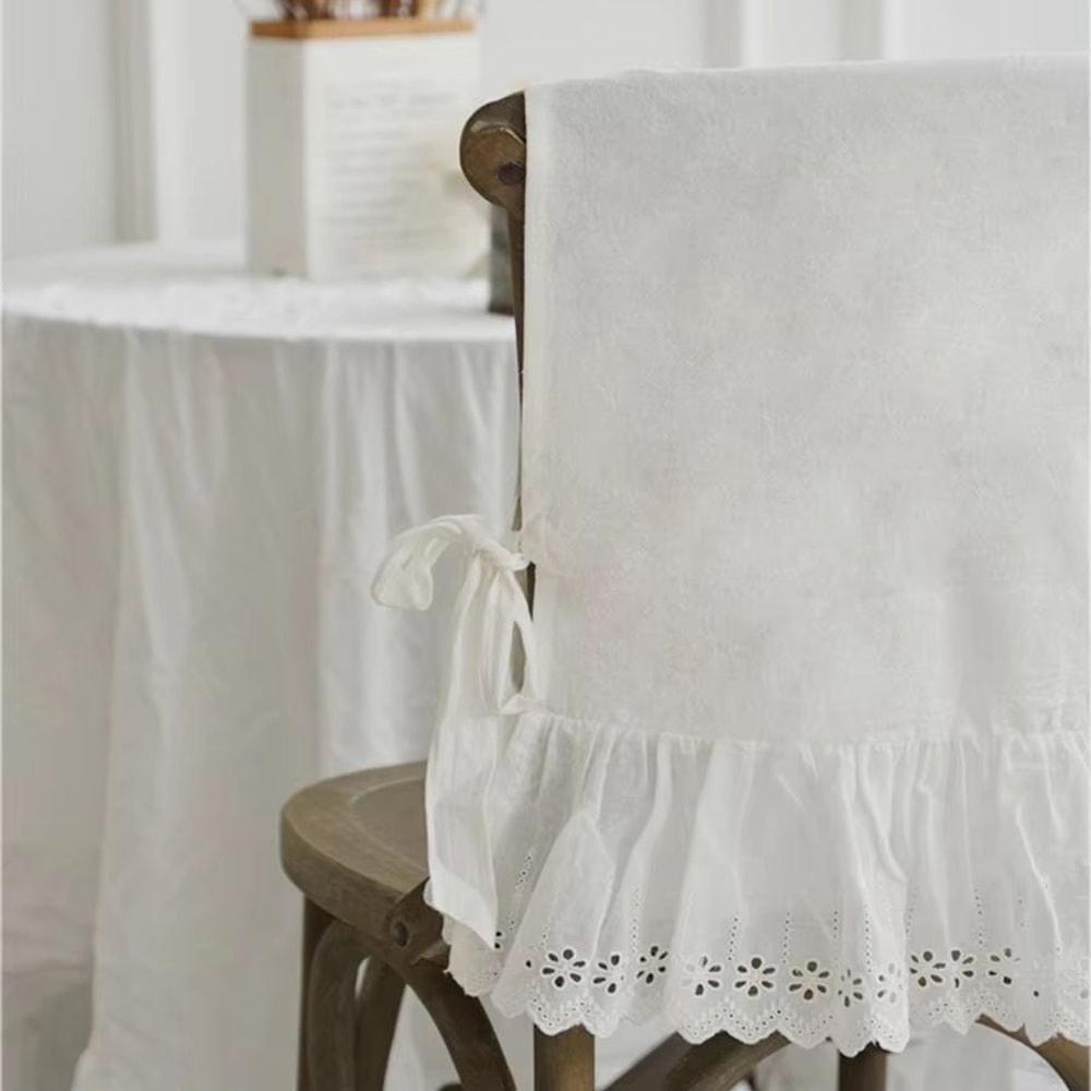 Elegant White Cotton Chair Back Cover Embroidered Lace Flounced Household And Wedding Decoration 5