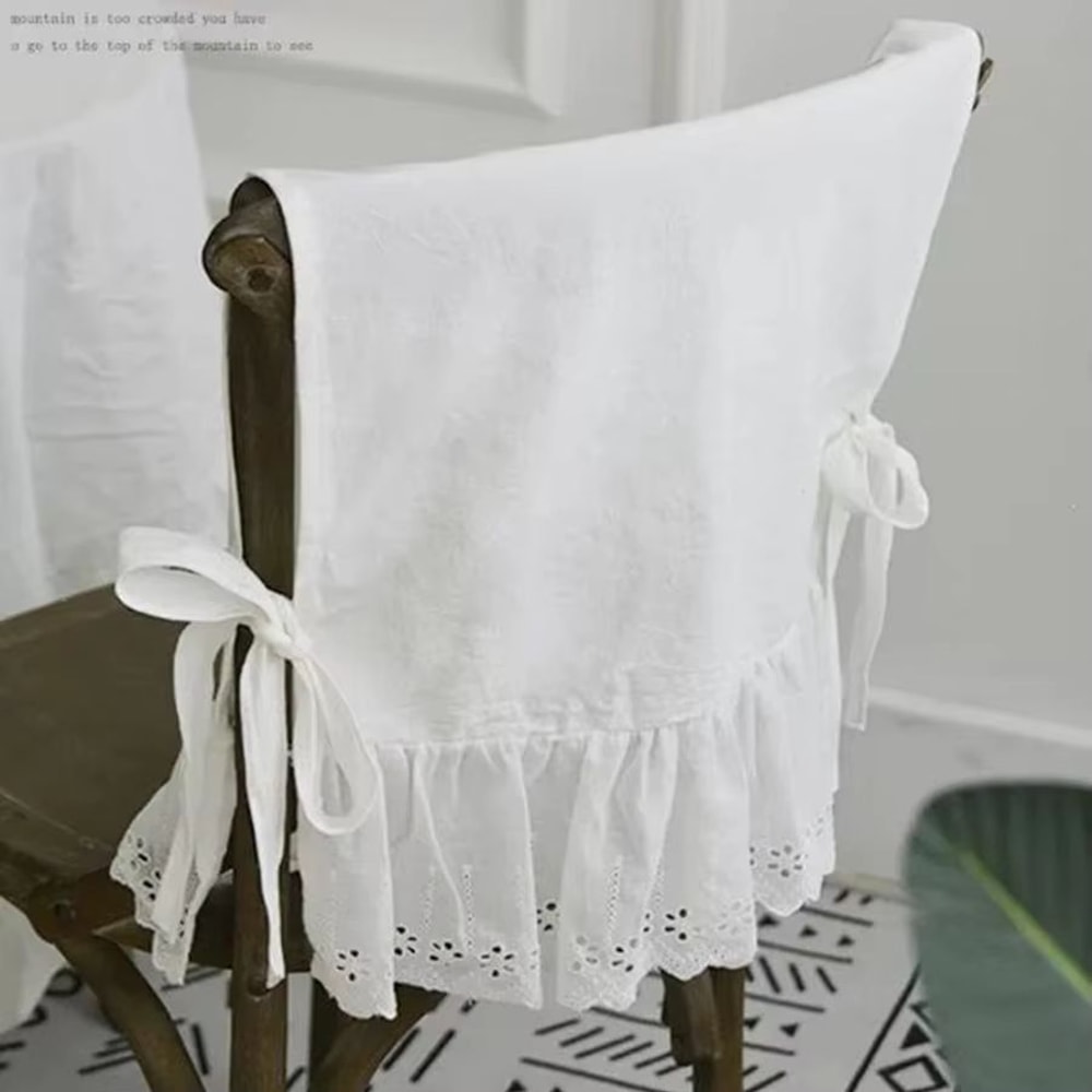 Elegant White Cotton Chair Back Cover Embroidered Lace Flounced Household And Wedding Decoration 6