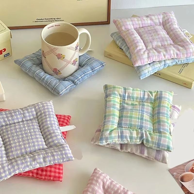 Korean Style HandMade Cotton Coaster Set Checked Pattern Insulation Pad Table Mat For Home And Kit 1