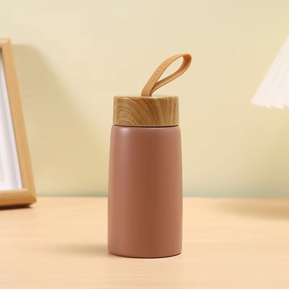 Mini Thermos Cup With Creative Wood Grain Cover Portable Vacuum Stainless Steel Water Cup 280 Ml 9 5