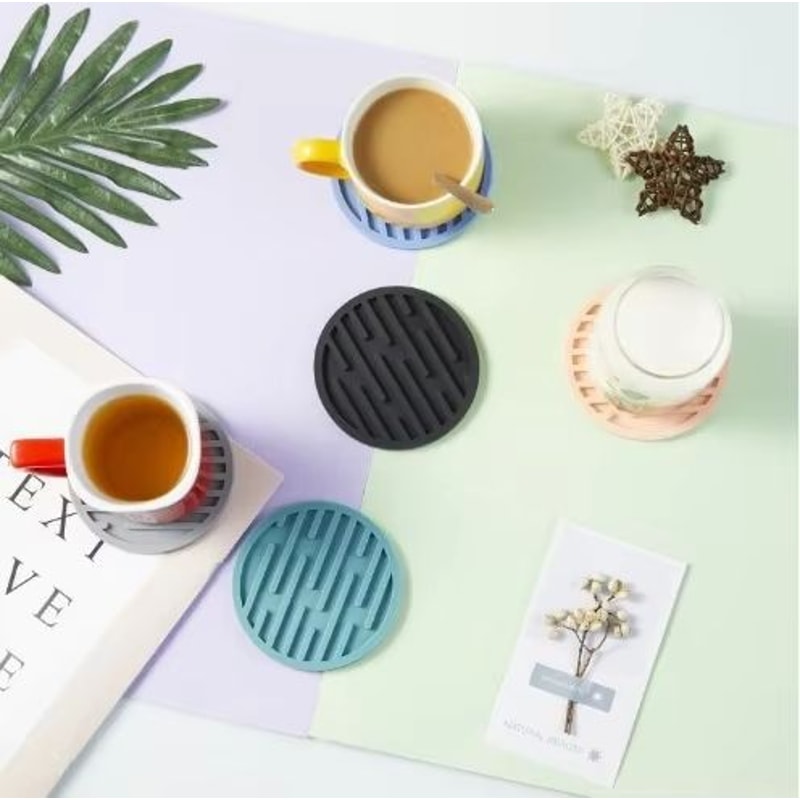 Round Silicone Coaster Striped WaterDraining AntiSlip HeatResistant Beverage Coaster 0