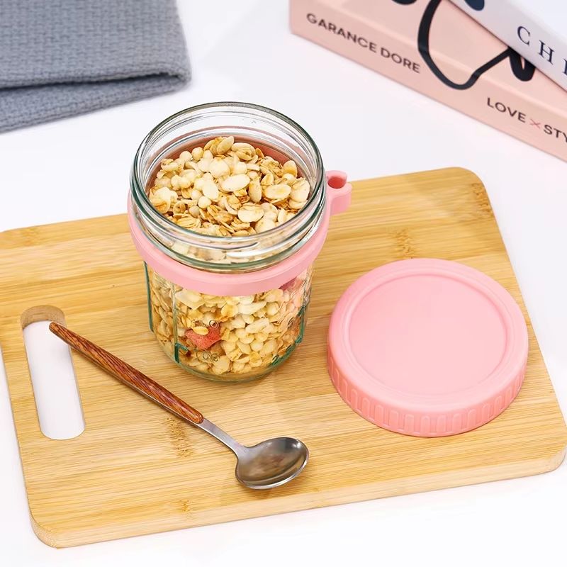 HighValue Oat Cup Transparent Glass With Lid Spoon And Scale MultiColor Breakfast Cup 5