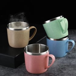 simple solid color stainless steel mug – wheat straw element small water cup, anti-scalding, children's drinking cup