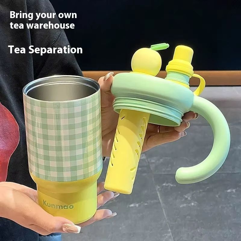 New Intelligent Checkered Stainless Steel Coffee Cup Portable Insulated Straw Cup With HighAppeara 2