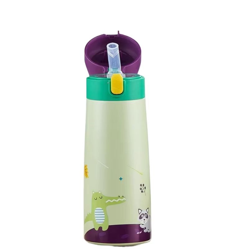 Childrens LargeCapacity Stainless Steel Thermos Cup With Straw Cute Animal Print Water Bottle For 9