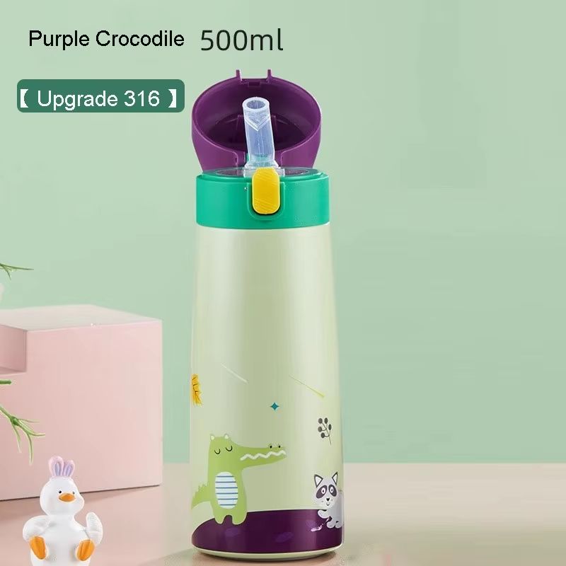 Childrens LargeCapacity Stainless Steel Thermos Cup With Straw Cute Animal Print Water Bottle For 1