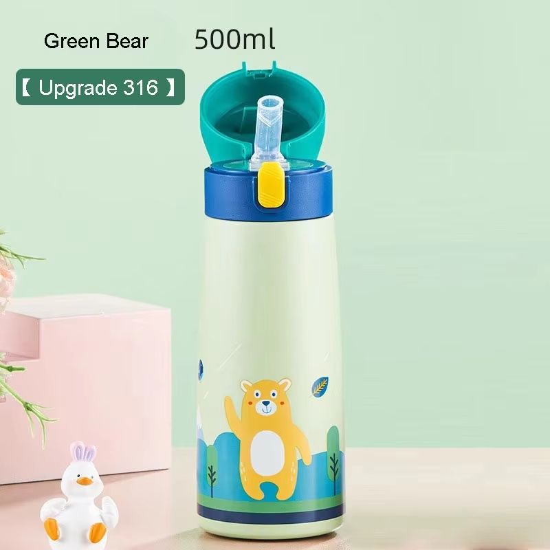 Childrens LargeCapacity Stainless Steel Thermos Cup With Straw Cute Animal Print Water Bottle For 2