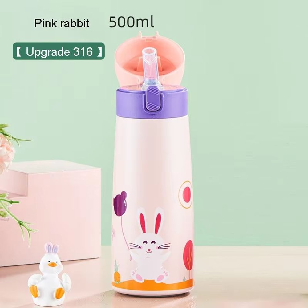 Childrens LargeCapacity Stainless Steel Thermos Cup With Straw Cute Animal Print Water Bottle For 3