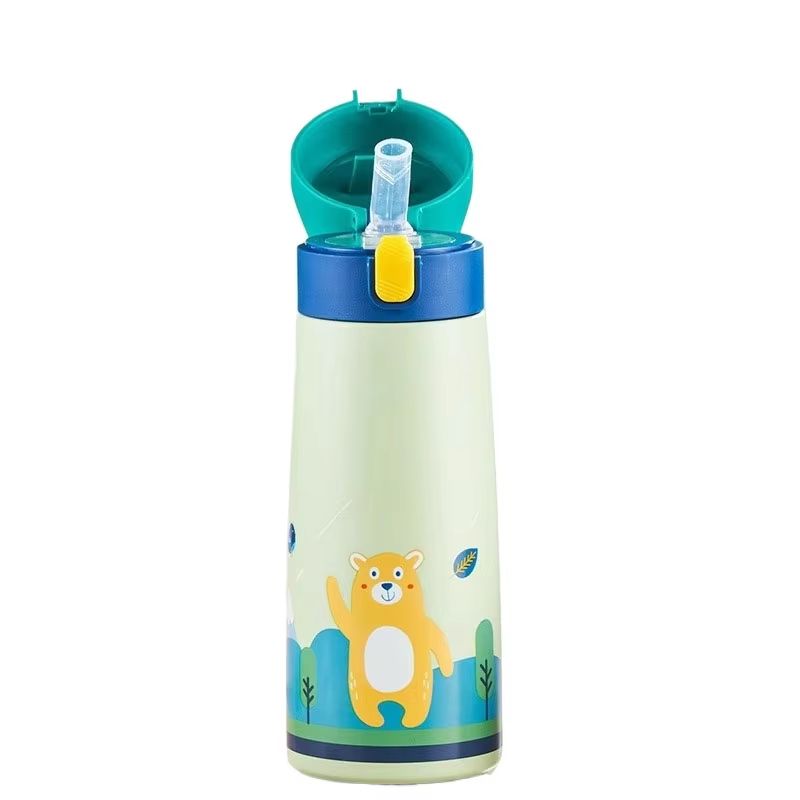 Childrens LargeCapacity Stainless Steel Thermos Cup With Straw Cute Animal Print Water Bottle For 6
