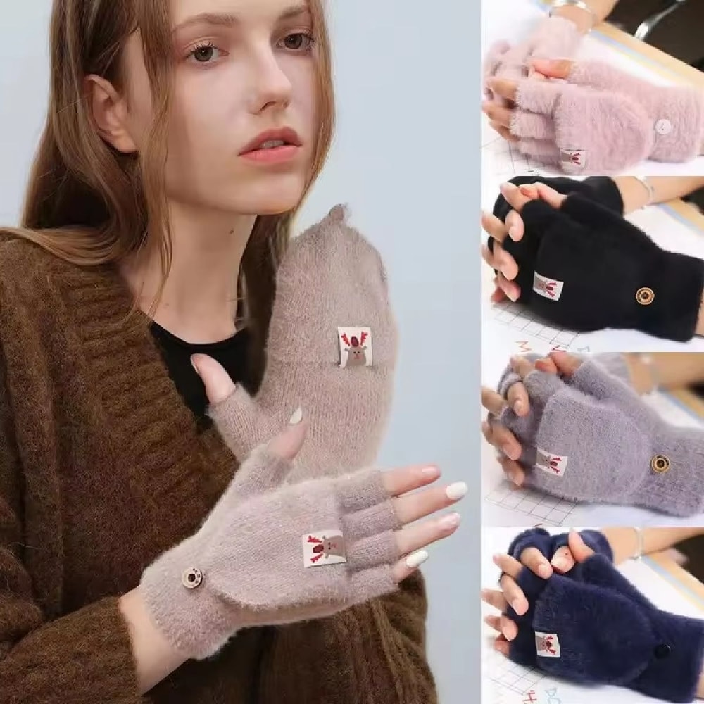 Winter Plush Fingerless Flip Gloves For Women Soft Warm Thickened Outdoor Gloves 0