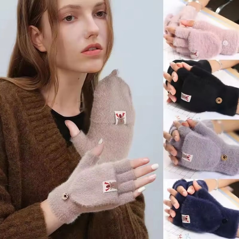 Winter Plush Fingerless Flip Gloves For Women Soft Warm Thickened Outdoor Gloves 0