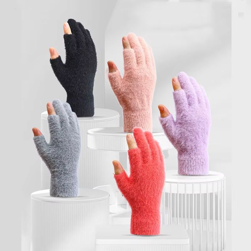 Winter Warmth Fingerless Mink Fur Knitted Gloves TouchScreen Outdoors Warmth ColdProof Mittens For 0