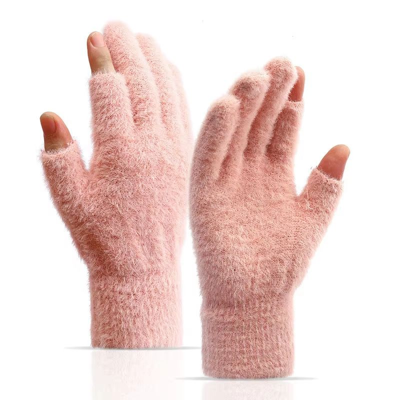 Winter Warmth Fingerless Mink Fur Knitted Gloves TouchScreen Outdoors Warmth ColdProof Mittens For 9