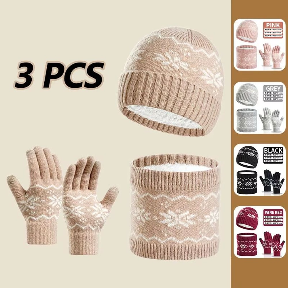 3Piece Winter Beanie Gloves Snood Scarf Set Thickened FleeceLined Hat And Neck Warmer Set For Men 0