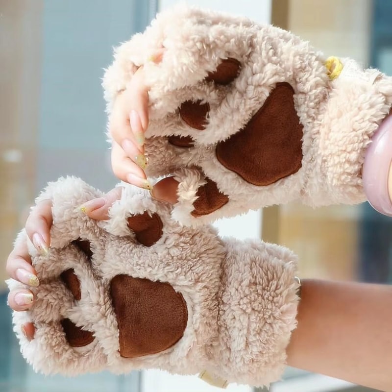Cute Cat Claw Winter Half Finger Gloves Thick Fluffy Bear Paw Plush Fingerless Mittens For Women A 1