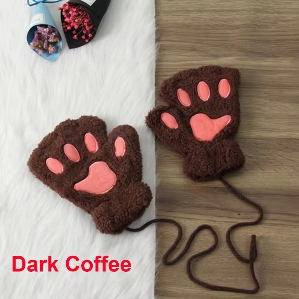 Cute Cat Claw Winter Half Finger Gloves Thick Fluffy Bear Paw Plush Fingerless Mittens For Women A 9