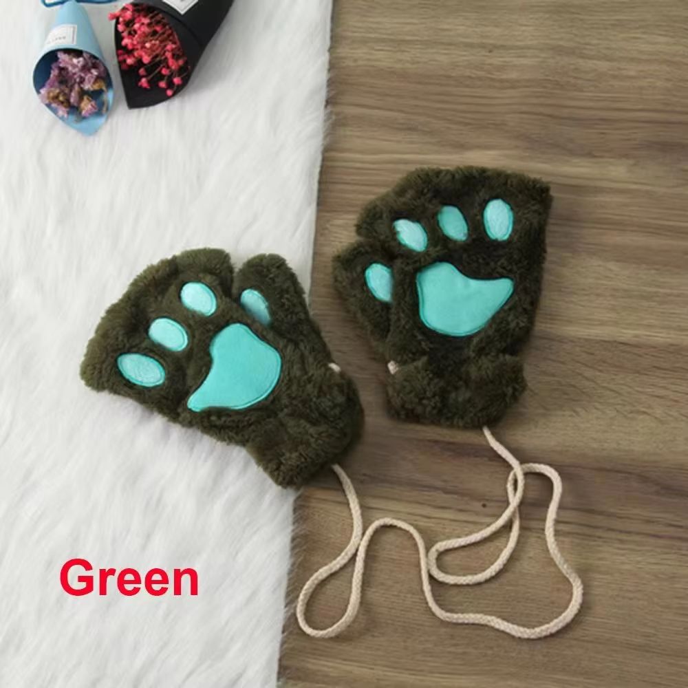 Cute Cat Claw Winter Half Finger Gloves Thick Fluffy Bear Paw Plush Fingerless Mittens For Women A 10