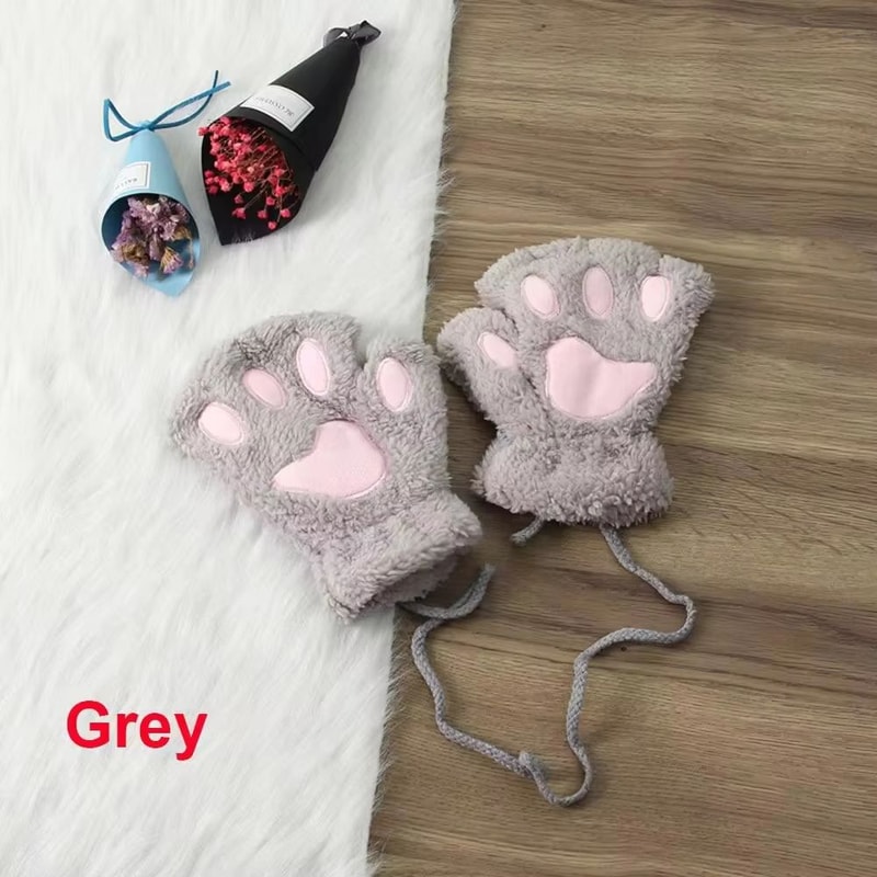 Cute Cat Claw Winter Half Finger Gloves Thick Fluffy Bear Paw Plush Fingerless Mittens For Women A 11