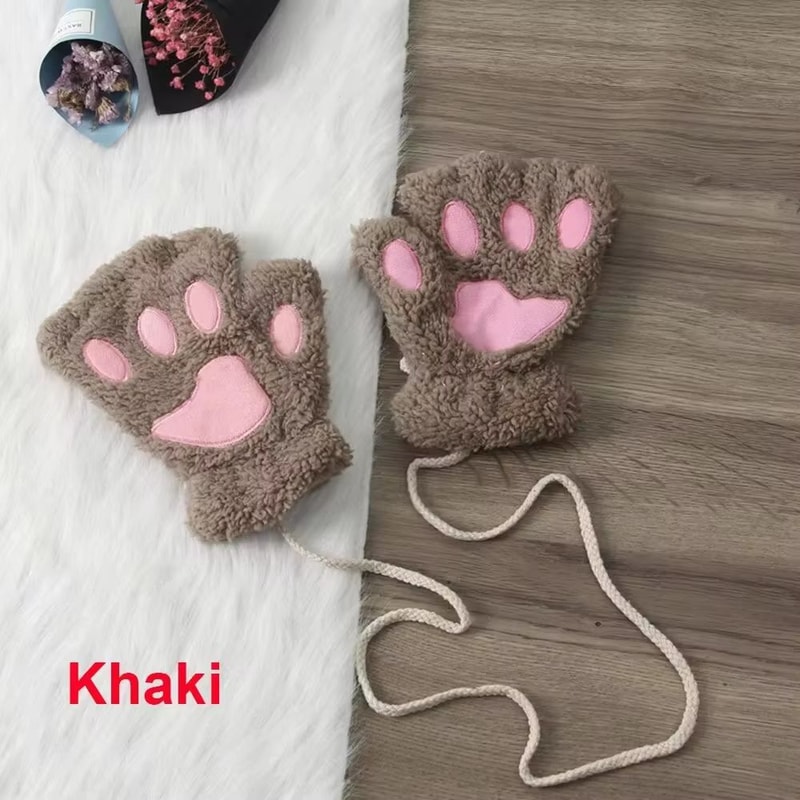 Cute Cat Claw Winter Half Finger Gloves Thick Fluffy Bear Paw Plush Fingerless Mittens For Women A 12