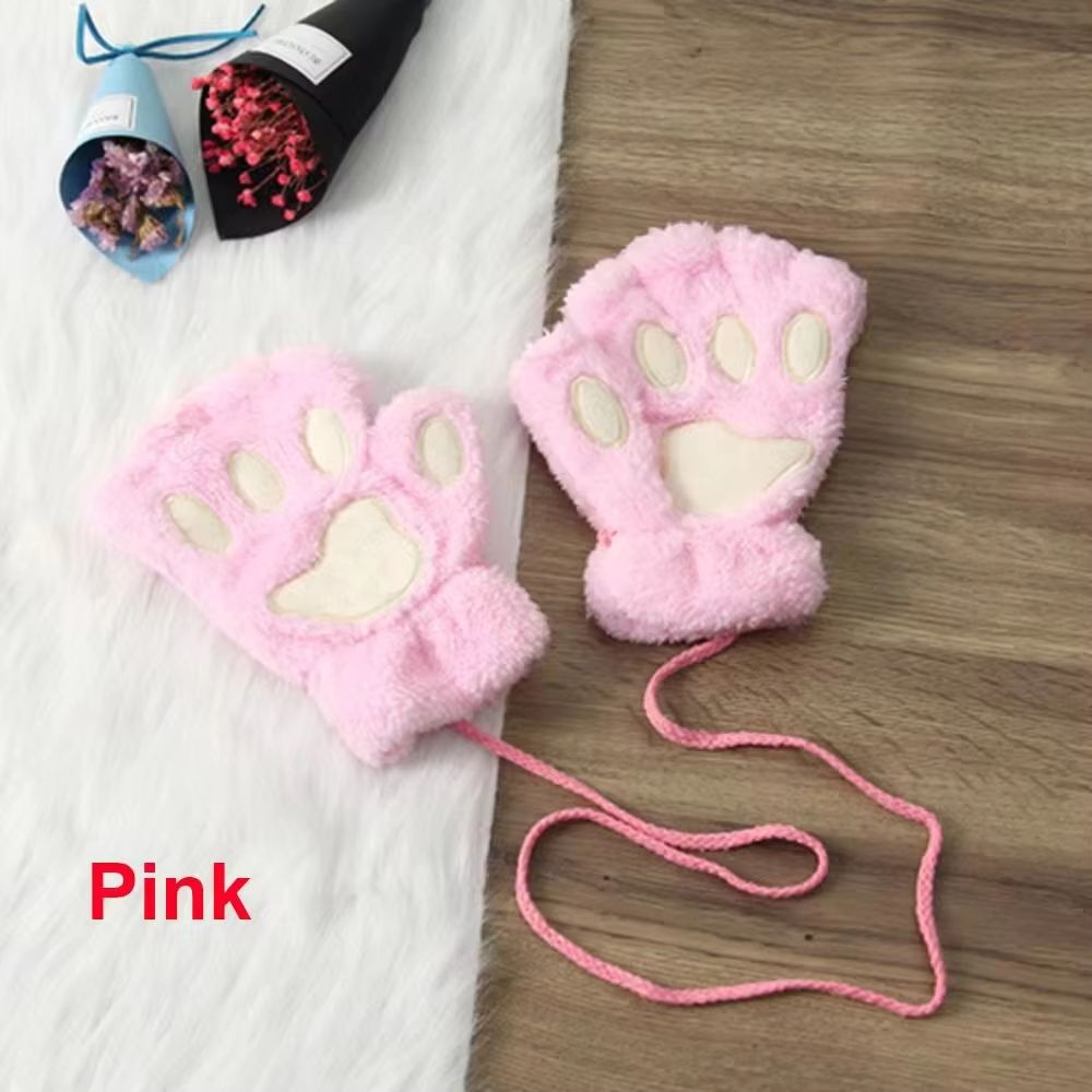 Cute Cat Claw Winter Half Finger Gloves Thick Fluffy Bear Paw Plush Fingerless Mittens For Women A 15
