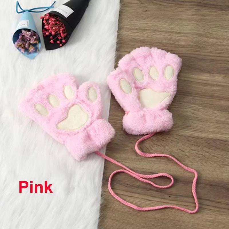Cute Cat Claw Winter Half Finger Gloves Thick Fluffy Bear Paw Plush Fingerless Mittens For Women A 15