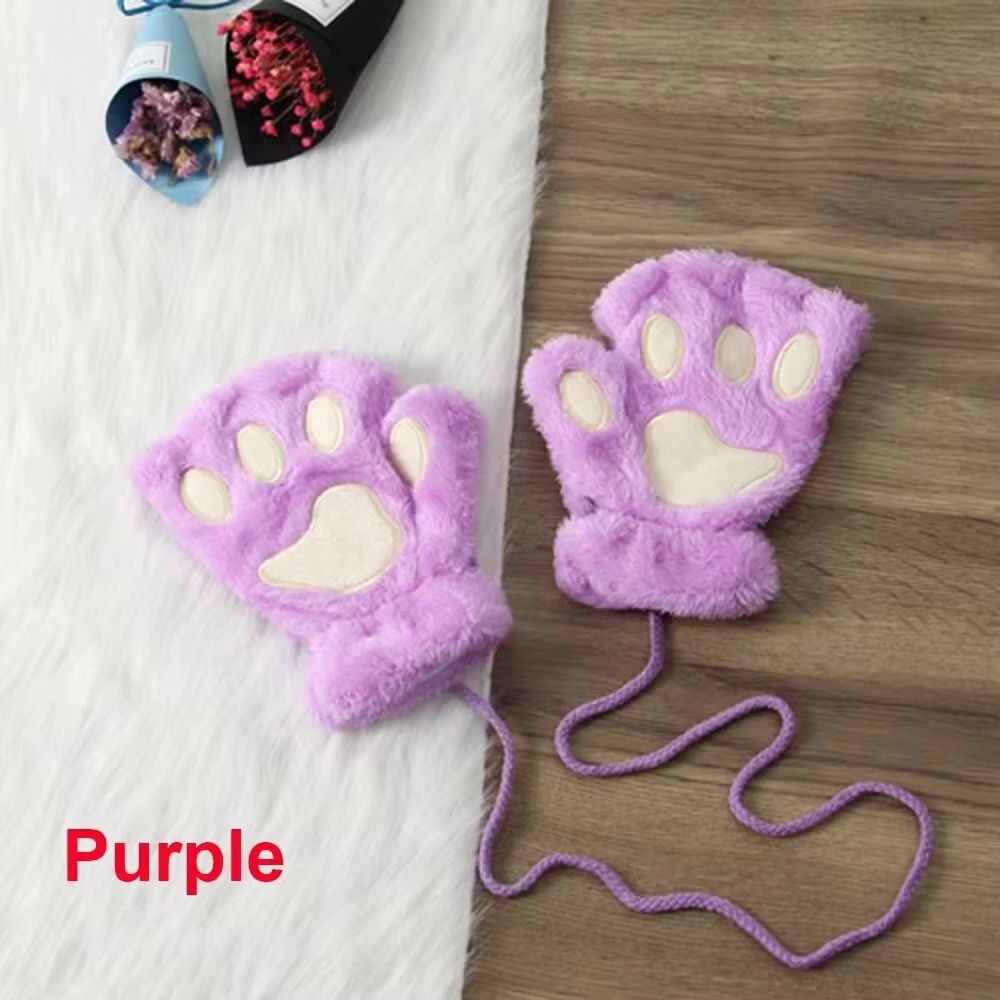 Cute Cat Claw Winter Half Finger Gloves Thick Fluffy Bear Paw Plush Fingerless Mittens For Women A 16