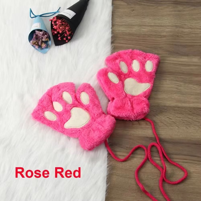 Cute Cat Claw Winter Half Finger Gloves Thick Fluffy Bear Paw Plush Fingerless Mittens For Women A 17