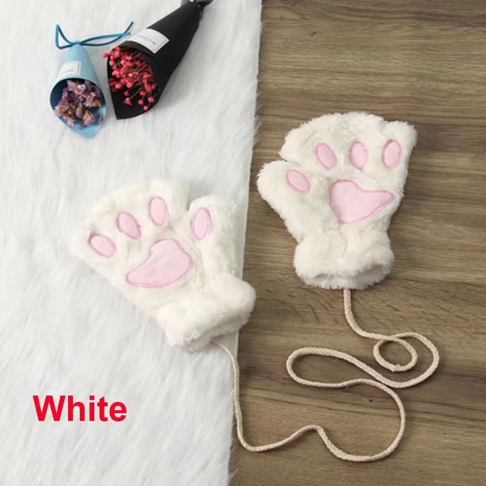 Cute Cat Claw Winter Half Finger Gloves Thick Fluffy Bear Paw Plush Fingerless Mittens For Women A 18