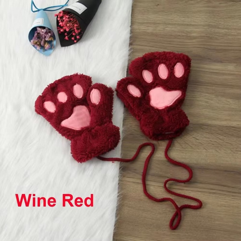 Cute Cat Claw Winter Half Finger Gloves Thick Fluffy Bear Paw Plush Fingerless Mittens For Women A 19
