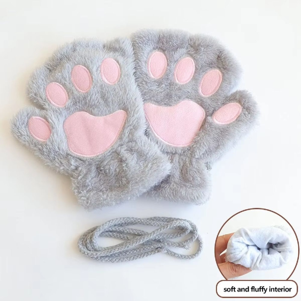 Cute Cat Claw Winter Half Finger Gloves Thick Fluffy Bear Paw Plush Fingerless Mittens For Women A 2
