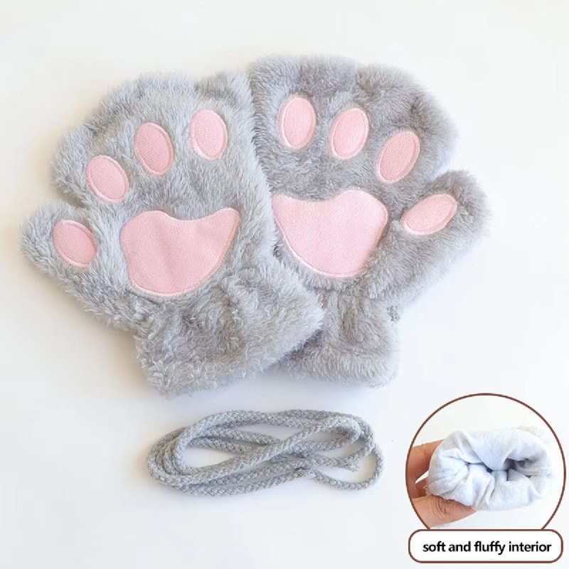 Cute Cat Claw Winter Half Finger Gloves Thick Fluffy Bear Paw Plush Fingerless Mittens For Women A 2