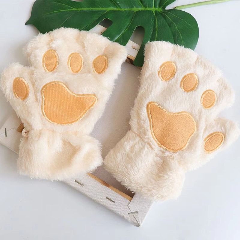 Cute Cat Claw Winter Half Finger Gloves Thick Fluffy Bear Paw Plush Fingerless Mittens For Women A 3