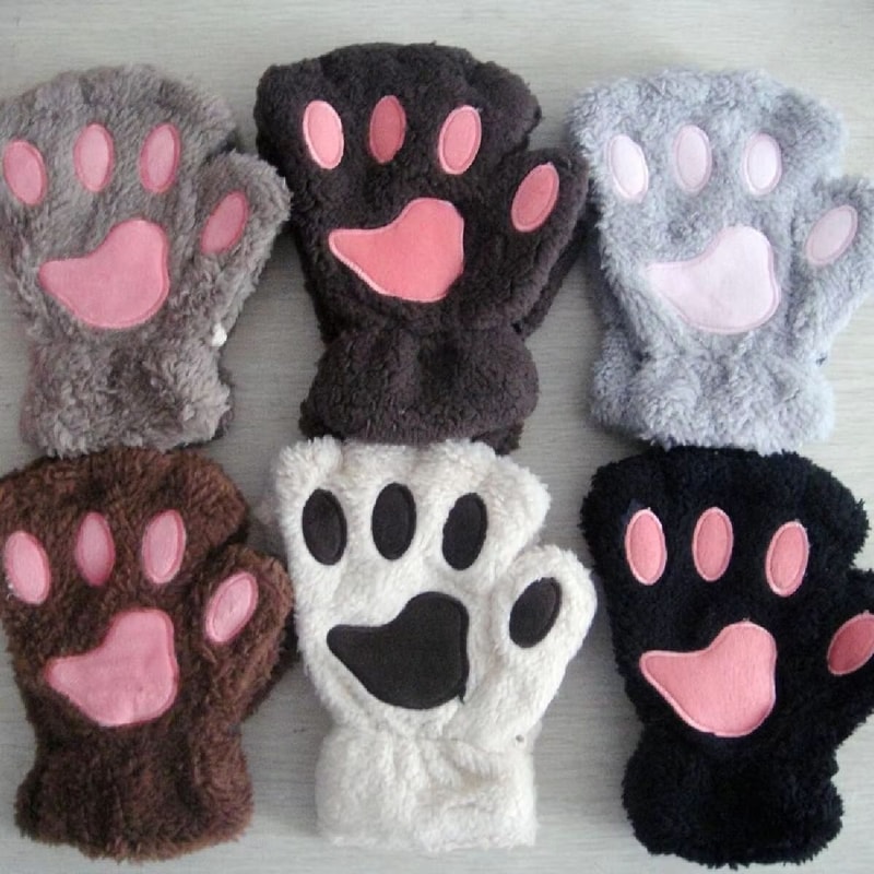Cute Cat Claw Winter Half Finger Gloves Thick Fluffy Bear Paw Plush Fingerless Mittens For Women A 5