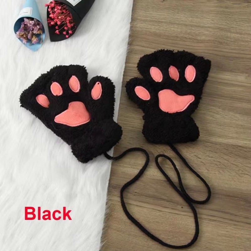 Cute Cat Claw Winter Half Finger Gloves Thick Fluffy Bear Paw Plush Fingerless Mittens For Women A 6