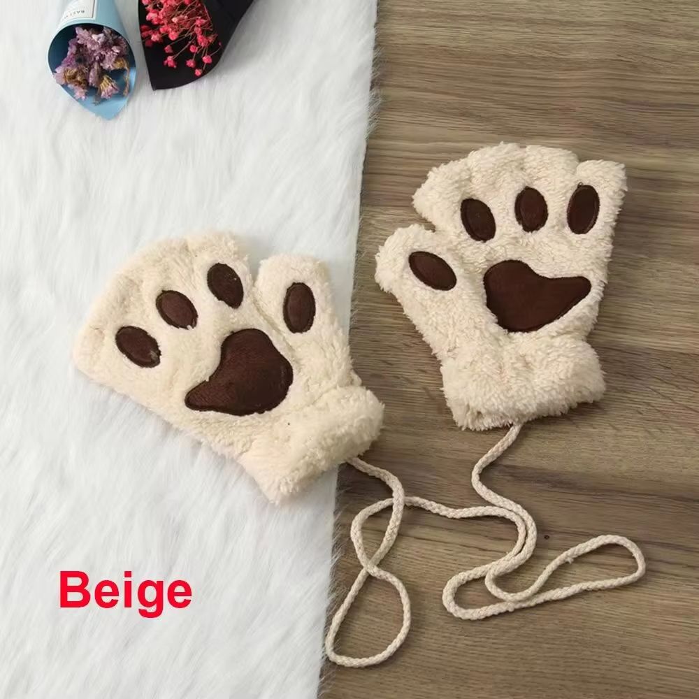 Cute Cat Claw Winter Half Finger Gloves Thick Fluffy Bear Paw Plush Fingerless Mittens For Women A 7