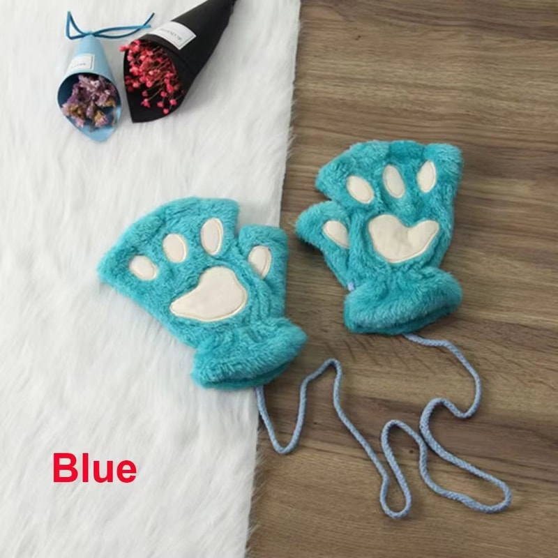 Cute Cat Claw Winter Half Finger Gloves Thick Fluffy Bear Paw Plush Fingerless Mittens For Women A 8