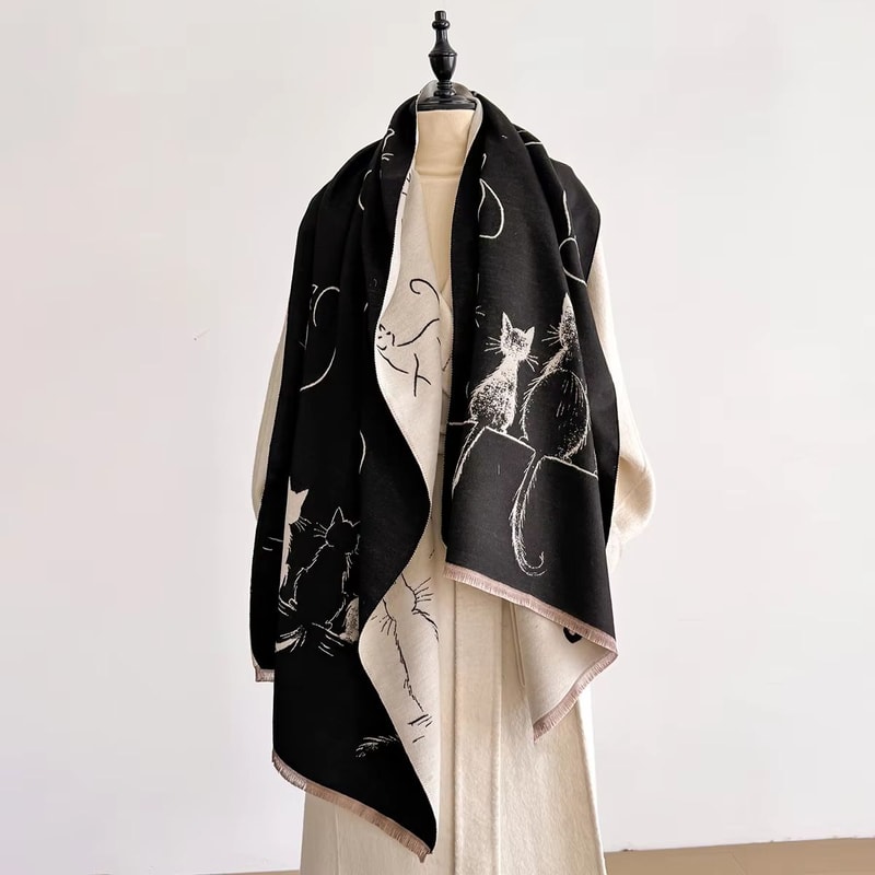 Luxury Winter Cashmere Cat Print Scarf For Women Warm Pashmina Shawl Wrap Thick Foulard Bufanda 0