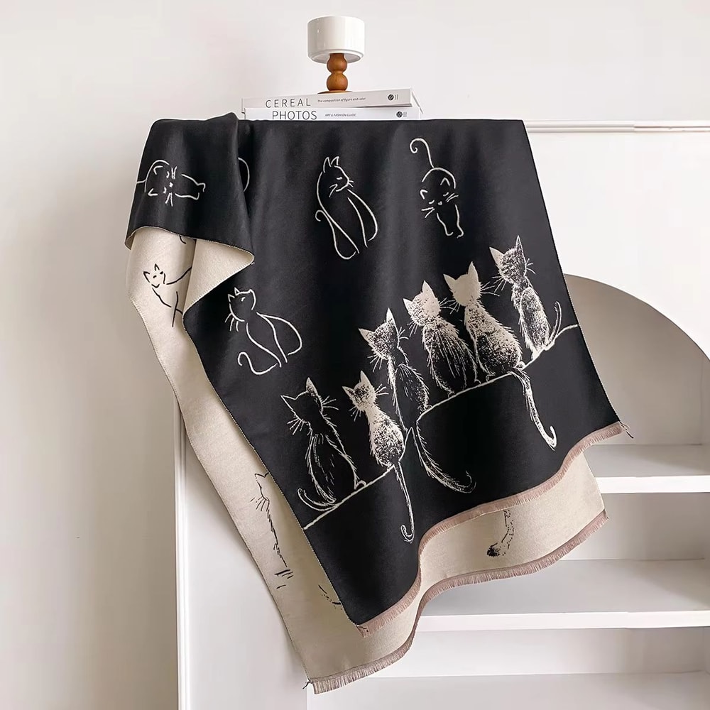 Luxury Winter Cashmere Cat Print Scarf For Women Warm Pashmina Shawl Wrap Thick Foulard Bufanda 1