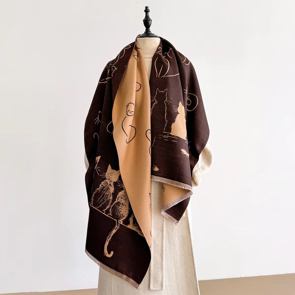 Luxury Winter Cashmere Cat Print Scarf For Women Warm Pashmina Shawl Wrap Thick Foulard Bufanda 6