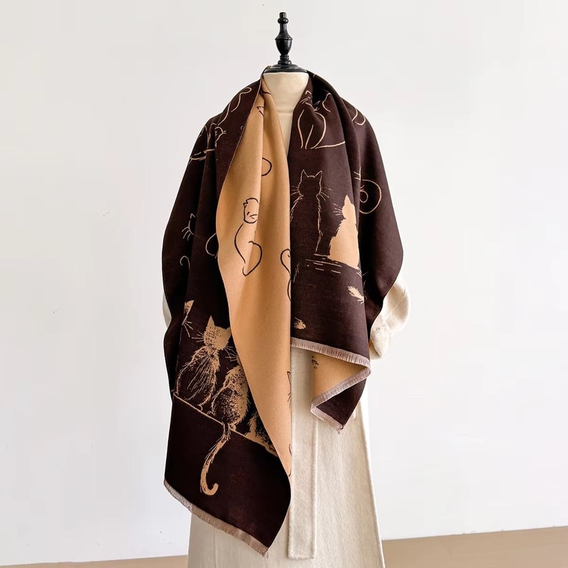 Luxury Winter Cashmere Cat Print Scarf For Women Warm Pashmina Shawl Wrap Thick Foulard Bufanda 6