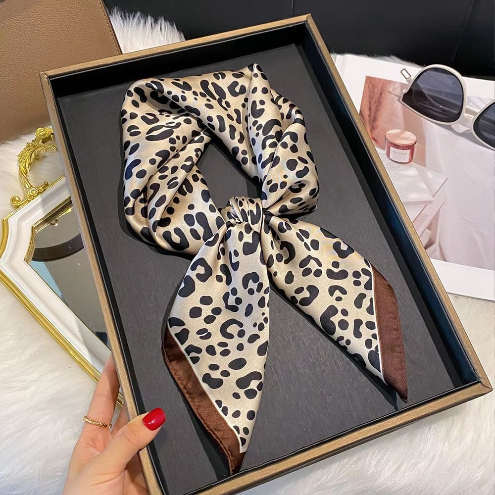 Leopard Print Satin Square Scarf For Women Hair Headband Neck Accessory 0