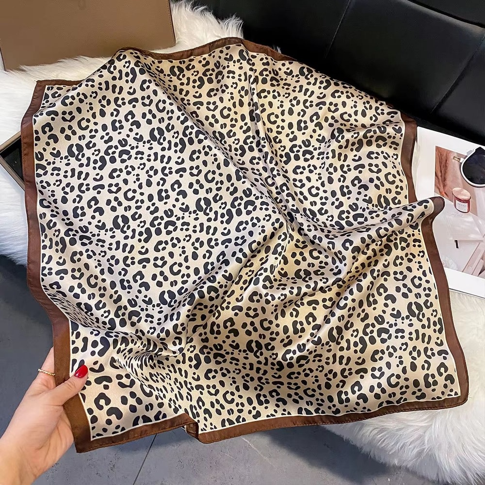 Leopard Print Satin Square Scarf For Women Hair Headband Neck Accessory 7